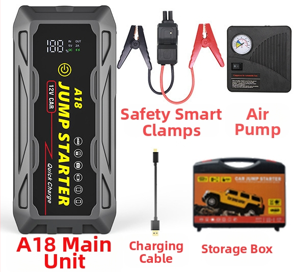 Nešiojamas daugiafunkcis vandeniui atsparus 12 V automobilio avarinio užvedimo maitinimo šaltinis, 66 W greito įkrovimo akumuliatorius