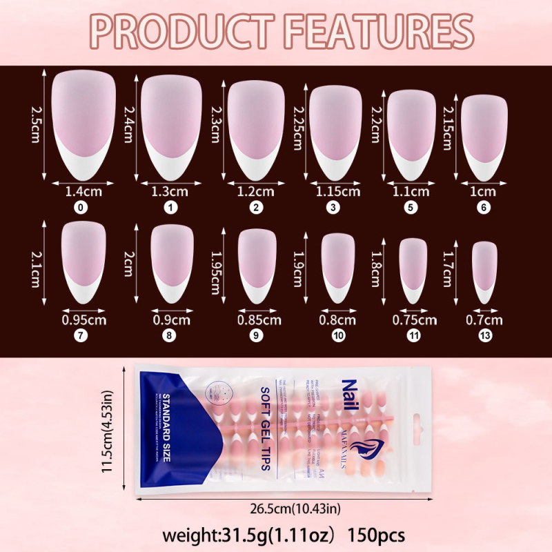 5 spalvų 150 vnt. baltų prancūziškų matinių vandens lašų migdolų nagų, nuogo rožinio atspalvio, kūno spalvos manikiūro detalių, nešiojamų nagų didmeninė prekyba