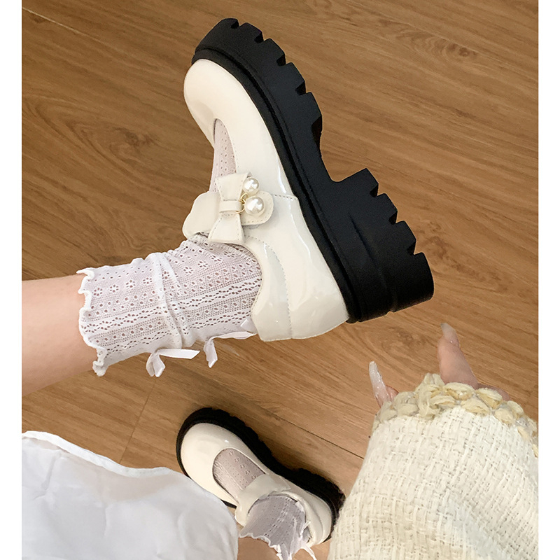 Μαύρα Γαλλικά Μικρά Δερμάτινα Παπούτσια Mary Jane με Χοντρό Σόλα για Γυναίκες 2025 Νέα Άνοιξη & Φθινόπωρο με Φούστα και Στρογγυλή Μύτη, Πέρλες και Χοντρό Τακούνι