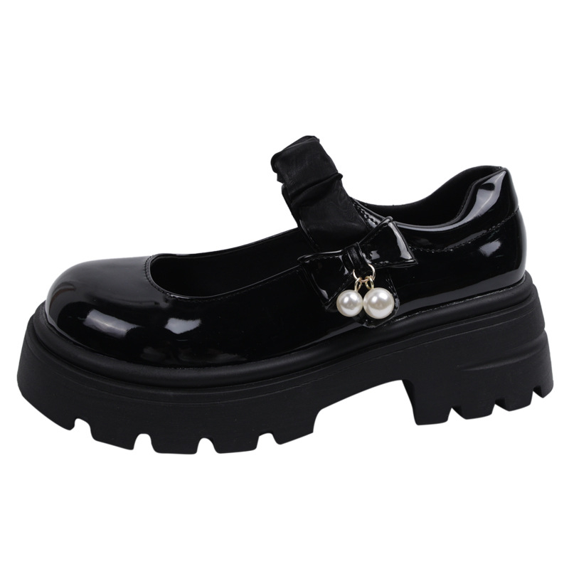 Μαύρα Γαλλικά Μικρά Δερμάτινα Παπούτσια Mary Jane με Χοντρό Σόλα για Γυναίκες 2025 Νέα Άνοιξη & Φθινόπωρο με Φούστα και Στρογγυλή Μύτη, Πέρλες και Χοντρό Τακούνι