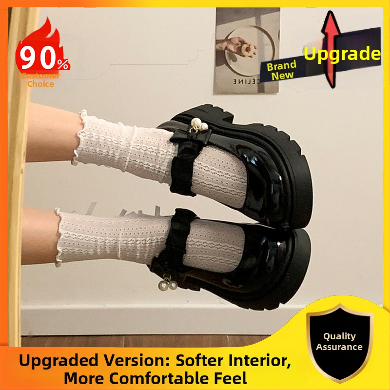 Čierne francúzske malé kožené topánky Mary Jane s hrubou podrážkou pre ženy, nové jarné a jesenné topánky 2025 so sukňou a okrúhlou špičkou, perlové topánky na hrubom podpätku