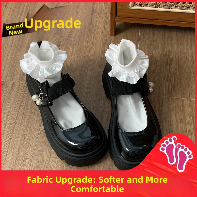 Čierne francúzske malé kožené topánky Mary Jane s hrubou podrážkou pre ženy, nové jarné a jesenné topánky 2025 so sukňou a okrúhlou špičkou, perlové topánky na hrubom podpätku