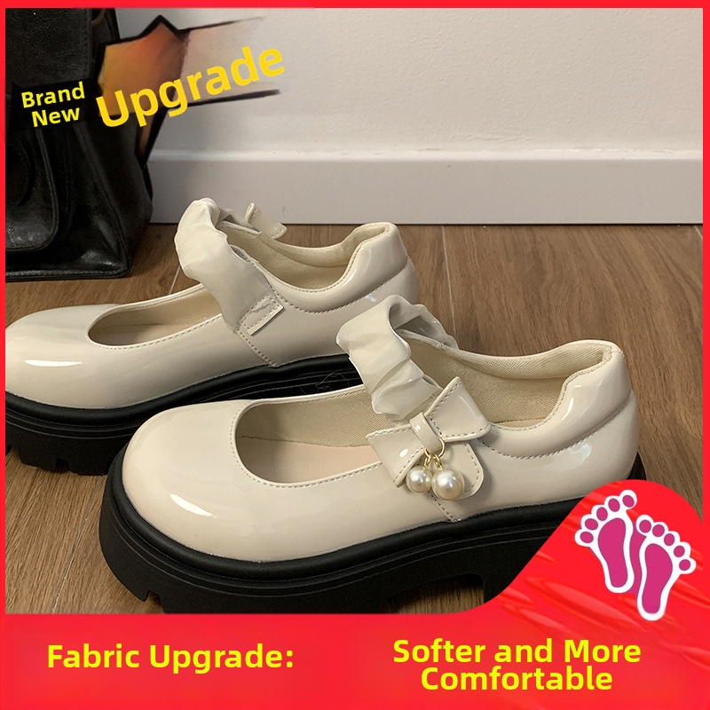 Čierne francúzske malé kožené topánky Mary Jane s hrubou podrážkou pre ženy, nové jarné a jesenné topánky 2025 so sukňou a okrúhlou špičkou, perlové topánky na hrubom podpätku