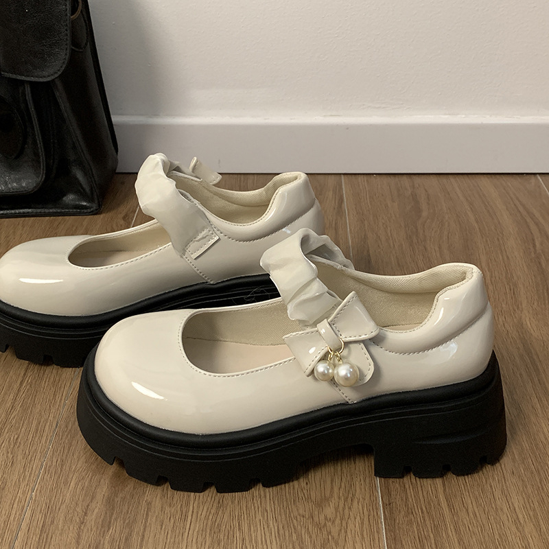 Μαύρα Γαλλικά Μικρά Δερμάτινα Παπούτσια Mary Jane με Χοντρό Σόλα για Γυναίκες 2025 Νέα Άνοιξη & Φθινόπωρο με Φούστα και Στρογγυλή Μύτη, Πέρλες και Χοντρό Τακούνι