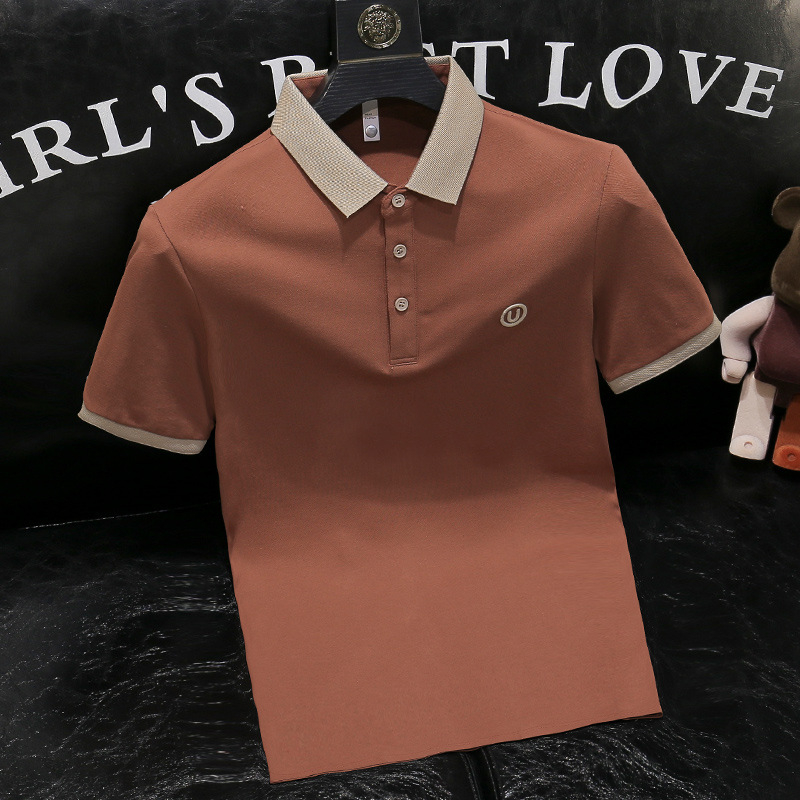 Madingi firminiai „Ice Silk“ aukštos klasės siuvinėti polo marškinėliai trumpomis rankovėmis, vyriški vasariniai, ploni, prigludę, britiško stiliaus, kontrastingi „Lapp“ marškinėliai pusrankovėmis