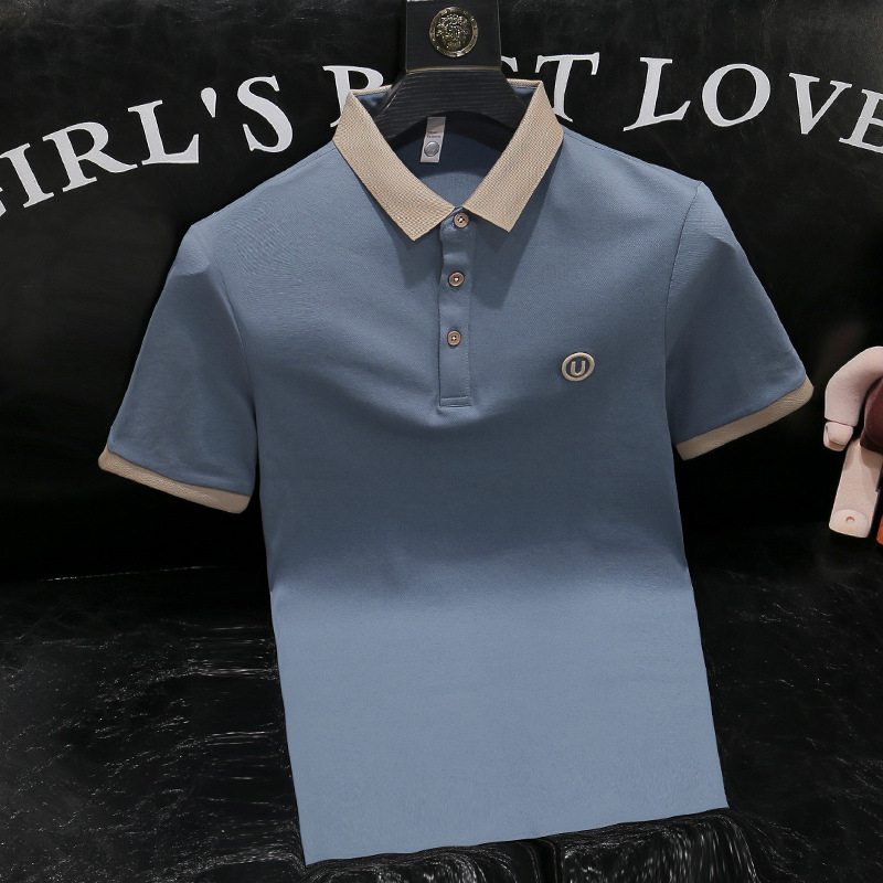 Madingi firminiai „Ice Silk“ aukštos klasės siuvinėti polo marškinėliai trumpomis rankovėmis, vyriški vasariniai, ploni, prigludę, britiško stiliaus, kontrastingi „Lapp“ marškinėliai pusrankovėmis