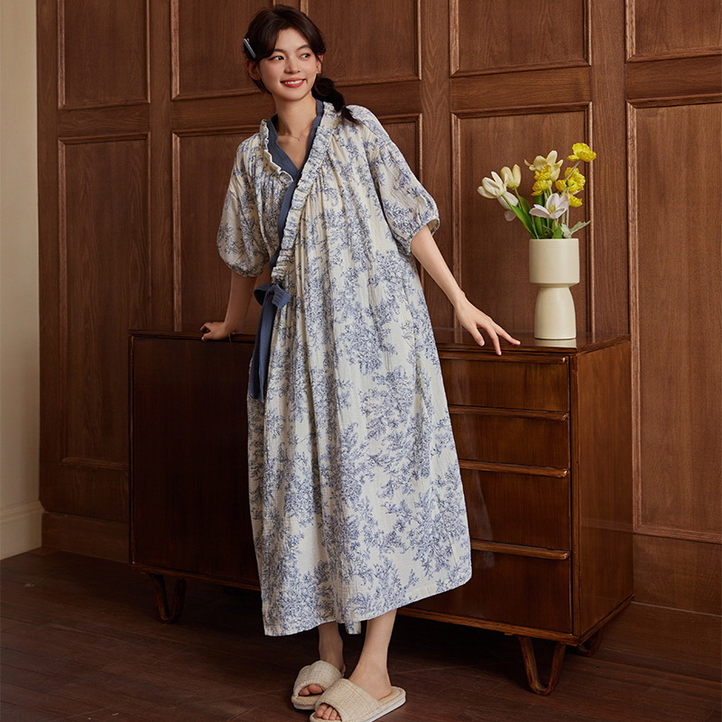 Vasaros naujo stiliaus pižama moteriška debesuota medvilninė kimono su fiksuotu krūtinės pagalvėlės lanku naktinukai laisvi laisvalaikio namų drabužiai