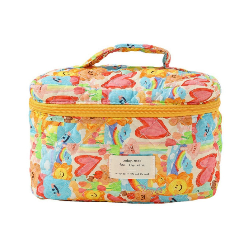 Βαμβακερή τσάντα καλλυντικών, φορητή, μεγάλη τσάντα καλλυντικών, ριγέ, κυματιστή, φορητή, καπιτονέ, βαμβακερή, χαριτωμένη, φοιτητική τσάντα με λουλούδια