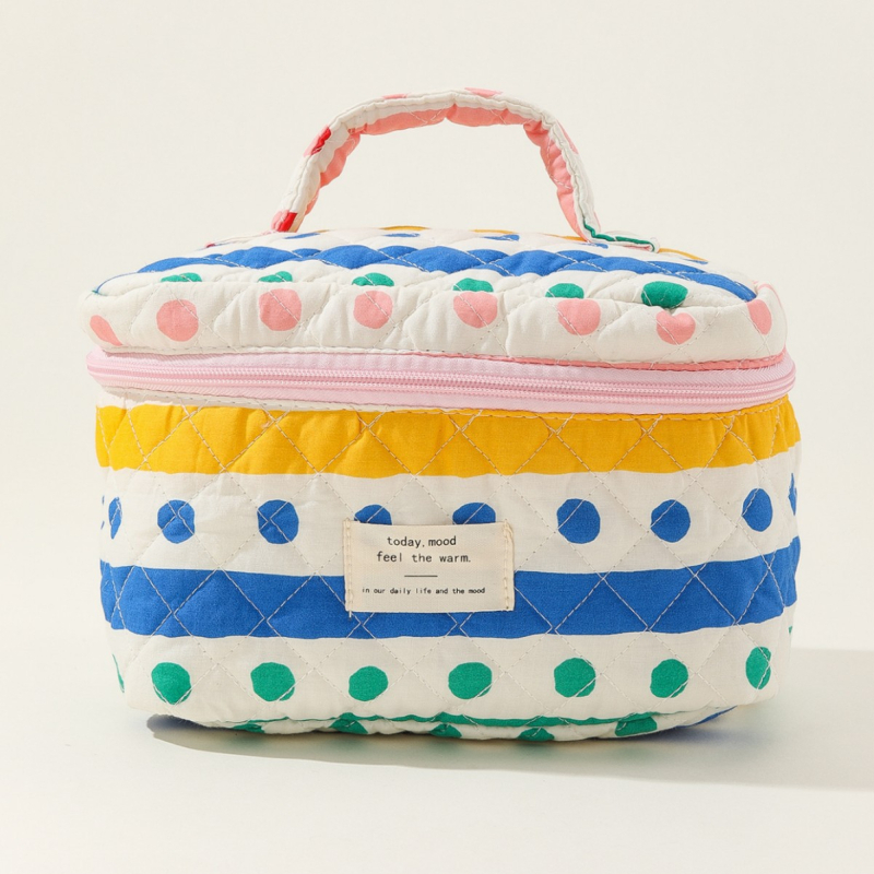 Βαμβακερή τσάντα καλλυντικών, φορητή, μεγάλη τσάντα καλλυντικών, ριγέ, κυματιστή, φορητή, καπιτονέ, βαμβακερή, χαριτωμένη, φοιτητική τσάντα με λουλούδια