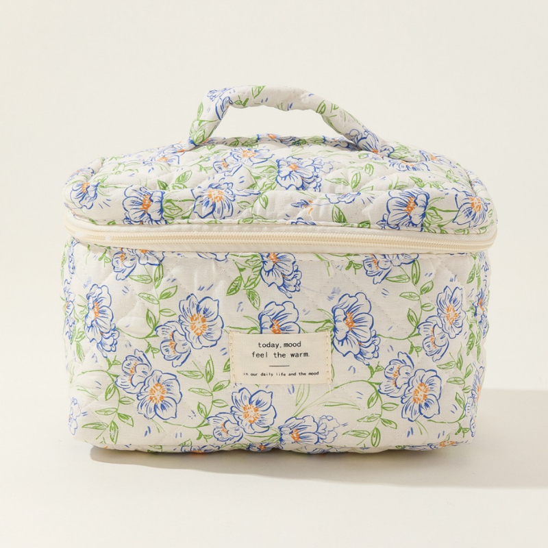 Βαμβακερή τσάντα καλλυντικών, φορητή, μεγάλη τσάντα καλλυντικών, ριγέ, κυματιστή, φορητή, καπιτονέ, βαμβακερή, χαριτωμένη, φοιτητική τσάντα με λουλούδια