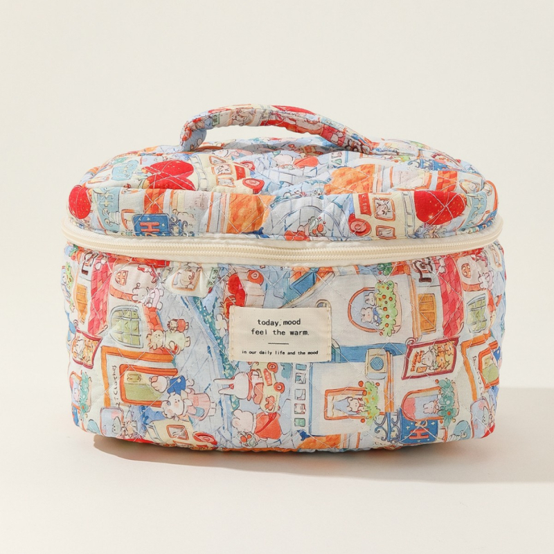 Βαμβακερή τσάντα καλλυντικών, φορητή, μεγάλη τσάντα καλλυντικών, ριγέ, κυματιστή, φορητή, καπιτονέ, βαμβακερή, χαριτωμένη, φοιτητική τσάντα με λουλούδια