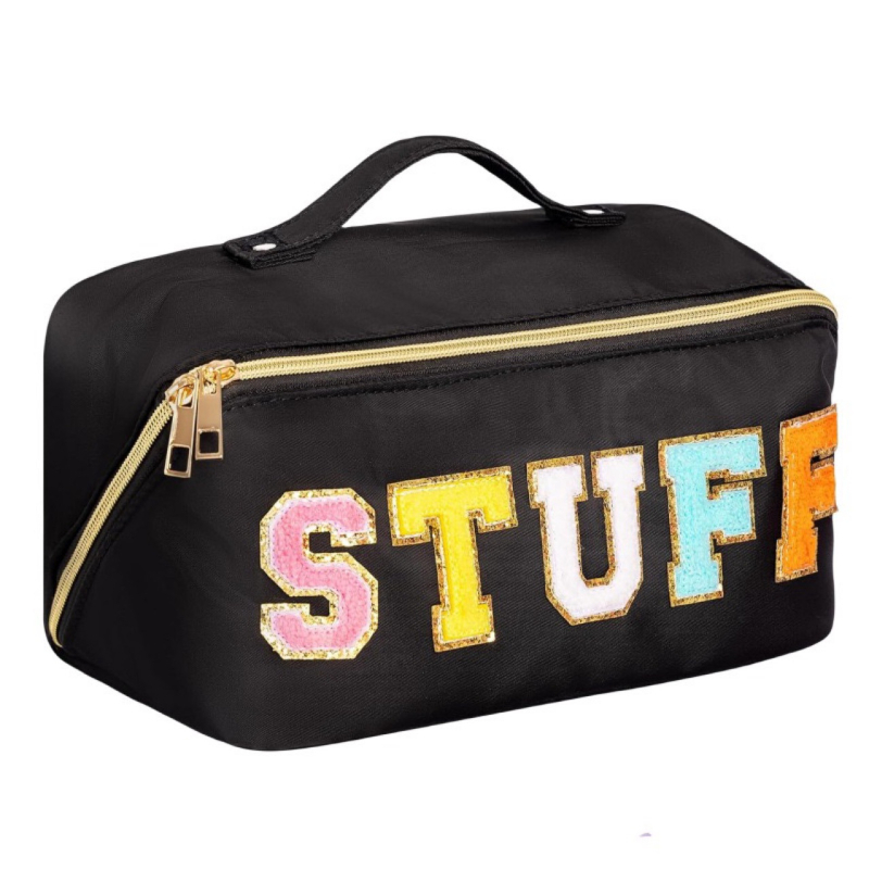 Tiesioginio gamyklinio pardavimo „Ins“ stiliaus nailono siuvinėtas laiškas kosmetikos krepšiui, didelės talpos, plačiai atidaromas daugiafunkcis daiktų laikymo krepšys