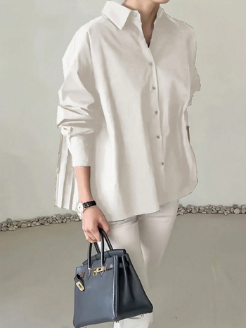 „Independent Station Shein2025“ pavasario ir rudens nauji didelio dydžio moteriški laisvi raukiniai, klostuoti asimetriški nišiniai marškinėliai.