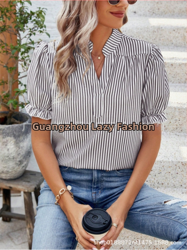 Letné dámske oblečenie 2025, horúce, Amazon, rýchly nákup, európska a americká móda zahraničného obchodu, ležérne, voľné, vertikálne pruhované, s krátkym rukávom, podšívka