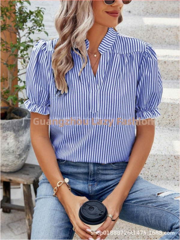 Letné dámske oblečenie 2025, horúce, Amazon, rýchly nákup, európska a americká móda zahraničného obchodu, ležérne, voľné, vertikálne pruhované, s krátkym rukávom, podšívka