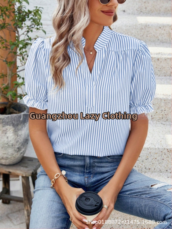 Letné dámske oblečenie 2025, horúce, Amazon, rýchly nákup, európska a americká móda zahraničného obchodu, ležérne, voľné, vertikálne pruhované, s krátkym rukávom, podšívka