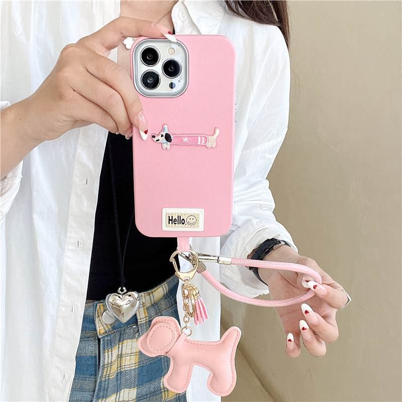 Husa din piele pentru Apple 15 iPhone 14plus16 13promax, drăguț stereo brodat cu pandantiv Dachshund Hua