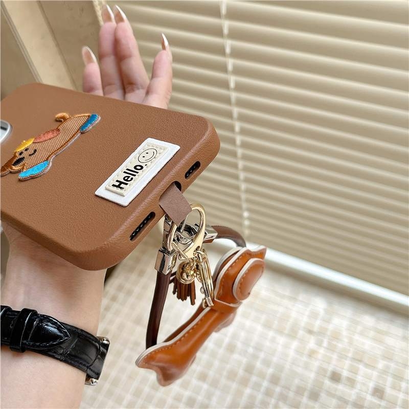 Husa din piele pentru Apple 15 iPhone 14plus16 13promax, drăguț stereo brodat cu pandantiv Dachshund Hua