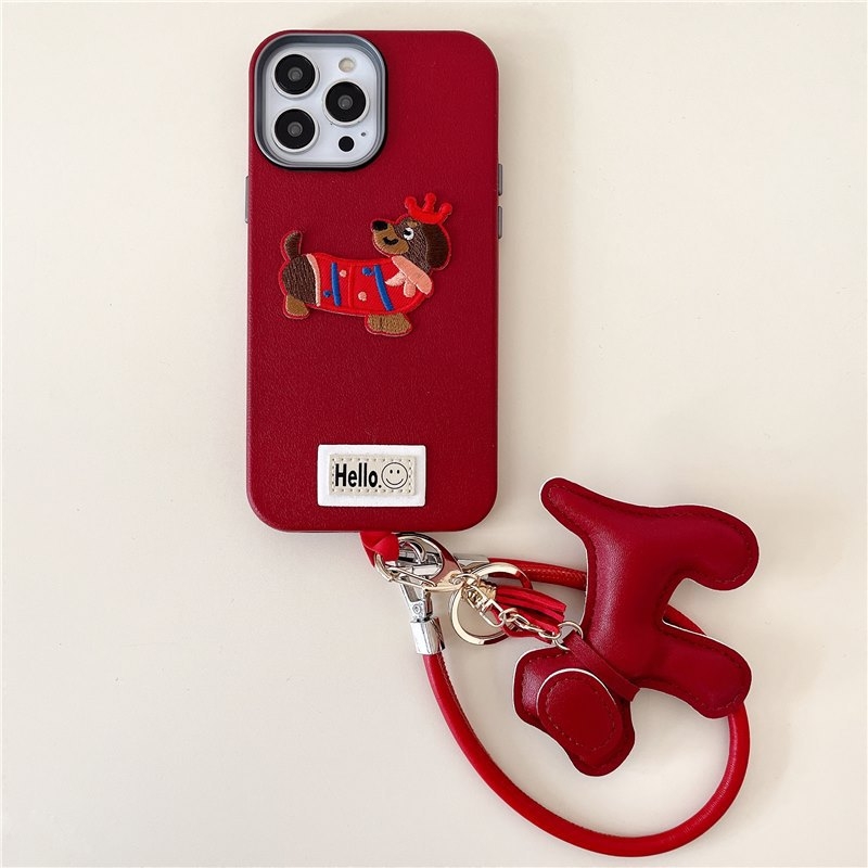 Husa din piele pentru Apple 15 iPhone 14plus16 13promax, drăguț stereo brodat cu pandantiv Dachshund Hua