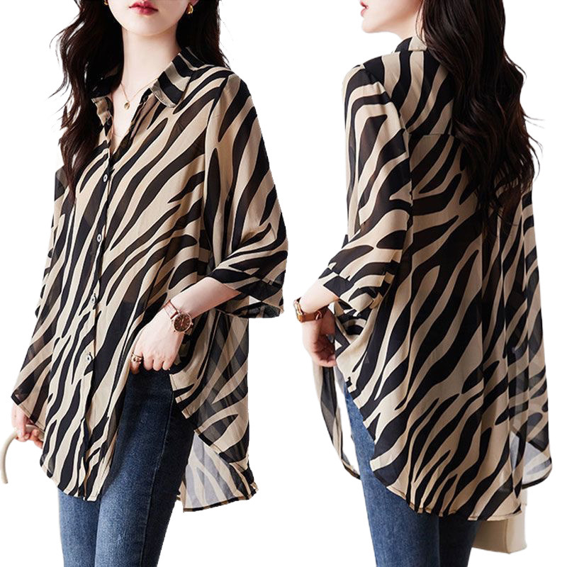 Šifoonist päikesekaitseriietus, kolmeveerandvarrukaga triibuline särk, naiste sebramustriga lahtine särk, paksu tüdruku kõhtu kattev salendav topp