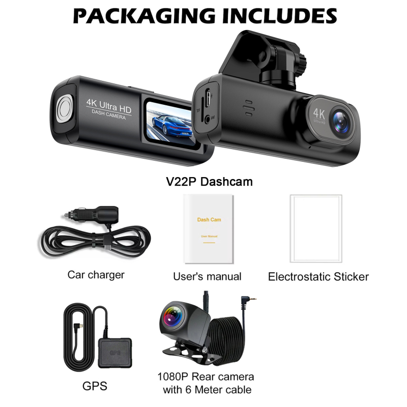 V22 pārrobežu 4K augstas izšķirtspējas divu objektīvu braukšanas reģistrators GPS mobilā lietotne savstarpēja savienošana atpakaļgaitas attēls priekšējais un aizmugurējais divkāršs ieraksts