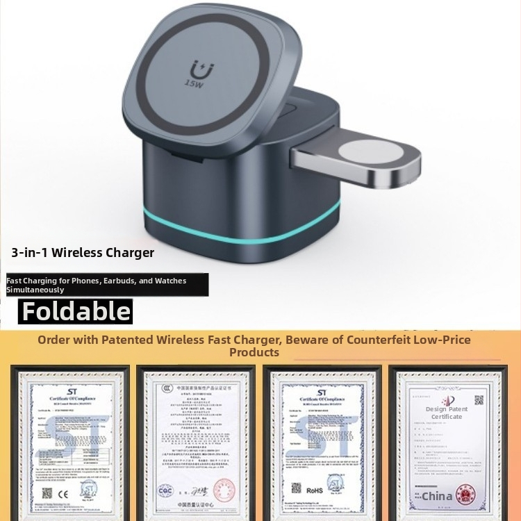 2024 ново три-в-едно магнитно безжично зарядно устройство 15W бързо зареждане за мобилни телефони, слушалки и часовници, безжично зареждане