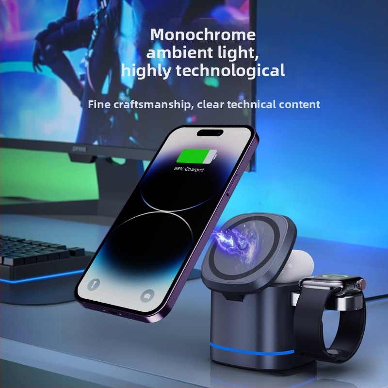 2024 ново три-в-едно магнитно безжично зарядно устройство 15W бързо зареждане за мобилни телефони, слушалки и часовници, безжично зареждане