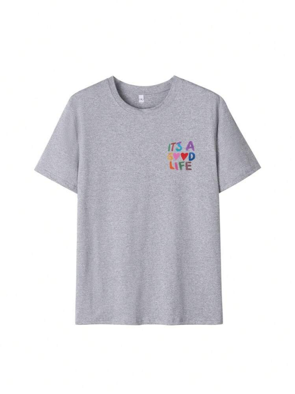 Naiste värviline loosungiprindiga vabaaja ümara kaelusega lühikeste varrukatega pluus