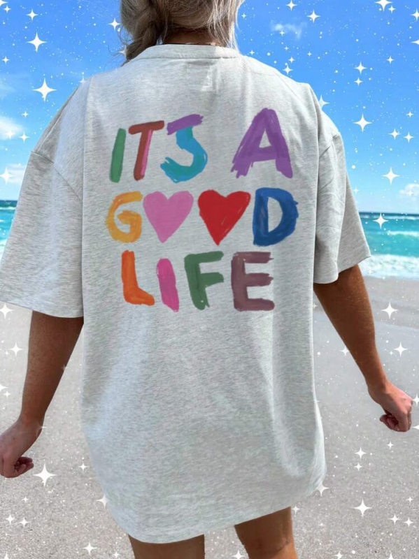 Naiste värviline loosungiprindiga vabaaja ümara kaelusega lühikeste varrukatega pluus