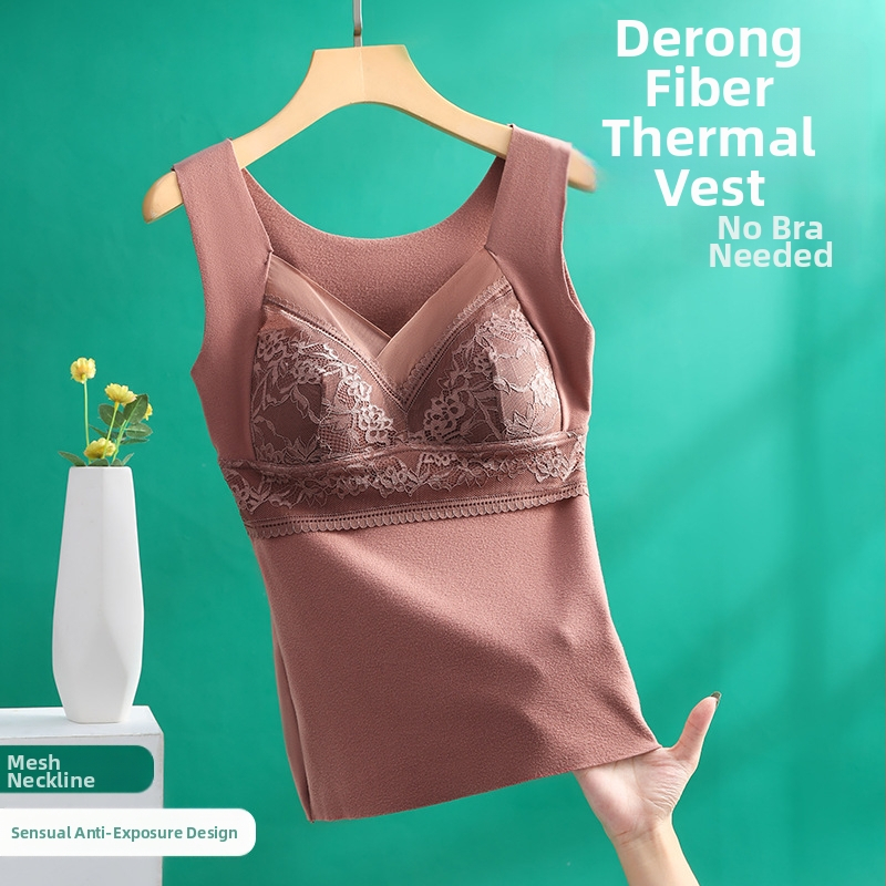 Нова термо елек от дантела и кадифе с подплънка за гърди, еднокомпонентна, плюс кадифено подплатено безшевно дъно, термо бельо за жени