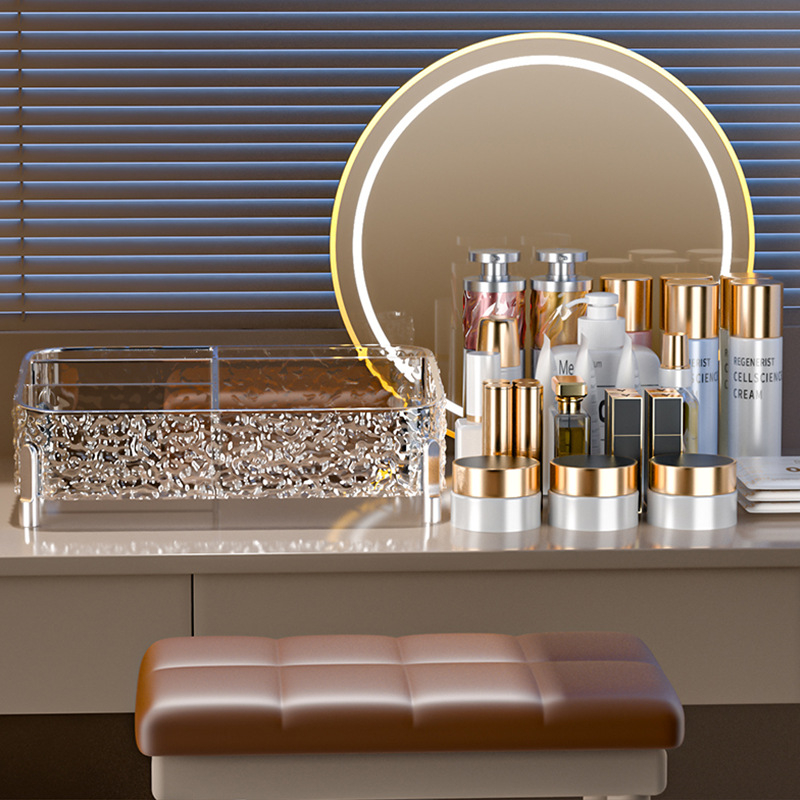 Läbipaistev akrüülist vannitoa ühiselamu lauaarvuti meigikarbi hoiukast, tolmukindel tualettlaud, nahahooldustoodete hoiuriiul
