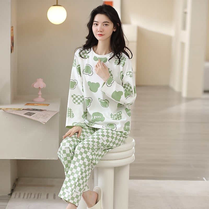 2023. aasta naiste pidžaamad kevadeks, sügiseks ja talveks, täispuuvillast pullover, ühepoolne kammitud liibuv koduriiete komplekt, naiste multifilm-pidžaamad