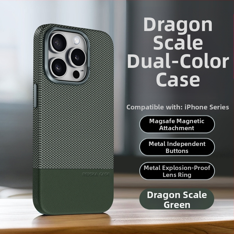 Piemērots iPhone 16 magnētiskajam telefona maciņam ar pūķa mēroga rakstu, raibiem ādas izstrādājumiem, Apple 15ProMax kritienizturīgs aizsargmaciņš 13"