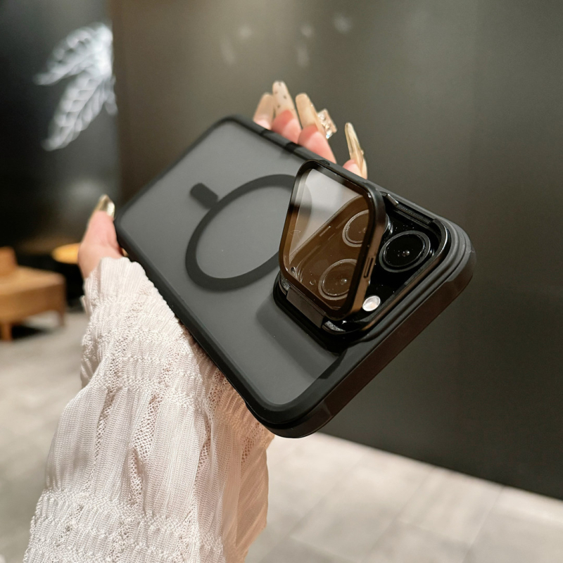 Piemērots iPhone16PROMAX tālruņa maciņam, matētam magnētiskam, ādu absorbējošam lēcas turētājam, Apple 15 cietajam aizsargapvalkam