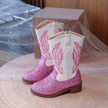 Ārējās tirdzniecības pārrobežu rudens un ziemas rietumu kovboju zābaki ar izšūtu biezu papēdi, apaļu purngalu, biezu zoli, puslīdz augstu mongoļu sieviešu zābaki, karsts stils