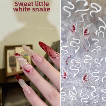 Uus Fugui väike punane madu reljeefne küünekunsti kleebis armas väike valge madu liblikas nutikas väike madu mao seljaliimiga küünekleebis