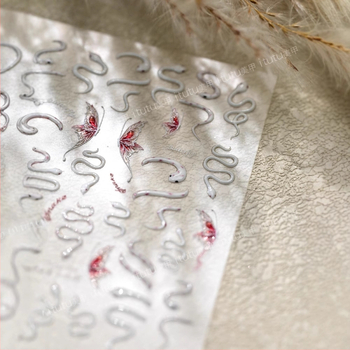 Uus Fugui väike punane madu reljeefne küünekunsti kleebis armas väike valge madu liblikas nutikas väike madu mao seljaliimiga küünekleebis