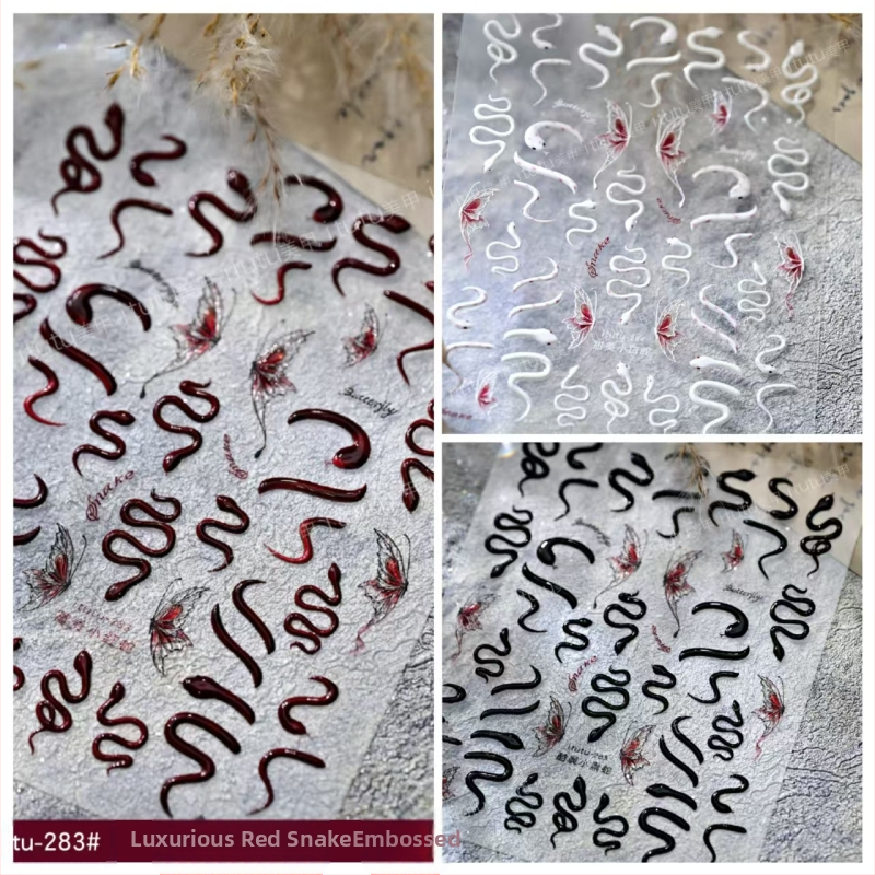 Uus Fugui väike punane madu reljeefne küünekunsti kleebis armas väike valge madu liblikas nutikas väike madu mao seljaliimiga küünekleebis