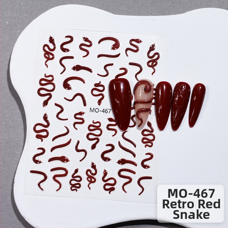 Uus Fugui väike punane madu reljeefne küünekunsti kleebis armas väike valge madu liblikas nutikas väike madu mao seljaliimiga küünekleebis