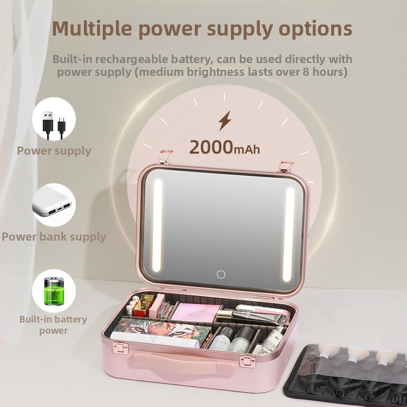 Чанта за грим с лампа с огледало LED лампа Професионална преносима кутия за съхранение на козметика с голям капацитет за гримьор