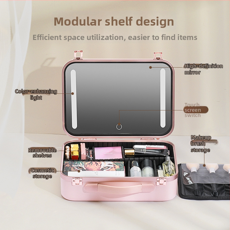 Чанта за грим с лампа с огледало LED лампа Професионална преносима кутия за съхранение на козметика с голям капацитет за гримьор