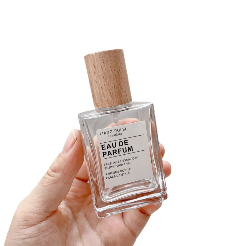 Kvepalų dozavimo buteliukas 30 ml Elegantiškas nešiojamas kosmetinis stiklinis buteliukas Medinis dangtelis Presuojamas purškiklis Skaidrus kvepalų buteliukas Tuščias buteliukas