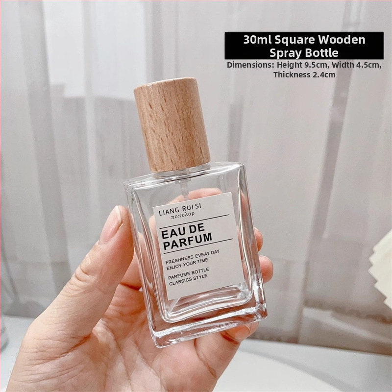 Parfüümipudel 30ml Stiilne kaasaskantav kosmeetiline klaaspudel Puidust kork Press Spray Läbipaistev parfüümipudel Tühi pudel
