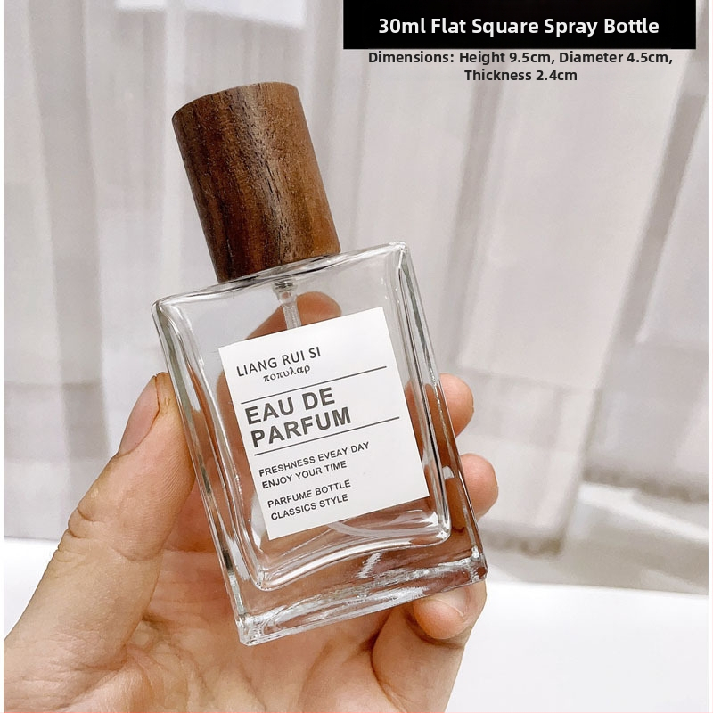Parfüümipudel 30ml Stiilne kaasaskantav kosmeetiline klaaspudel Puidust kork Press Spray Läbipaistev parfüümipudel Tühi pudel