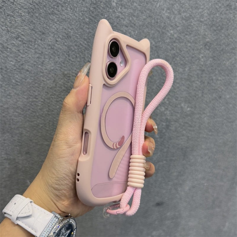 Piemērots Apple 16 mobilā tālruņa maciņam ar rozā ausīm, iPhone 16Promax, magnētiska kaķa aste, 15Pro caurspīdīgs