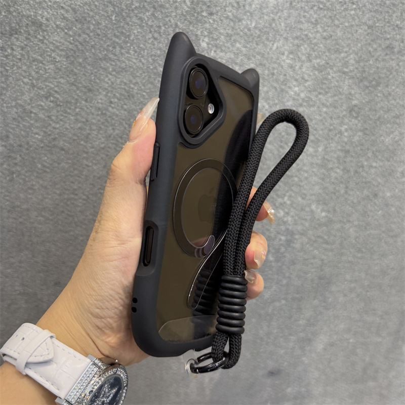 Sobib Apple 16 mobiiltelefoni ümbrisele, roosade kõrvadega, iPhone 16Promax, magnetilise kassisabaga, 15Pro, läbipaistev