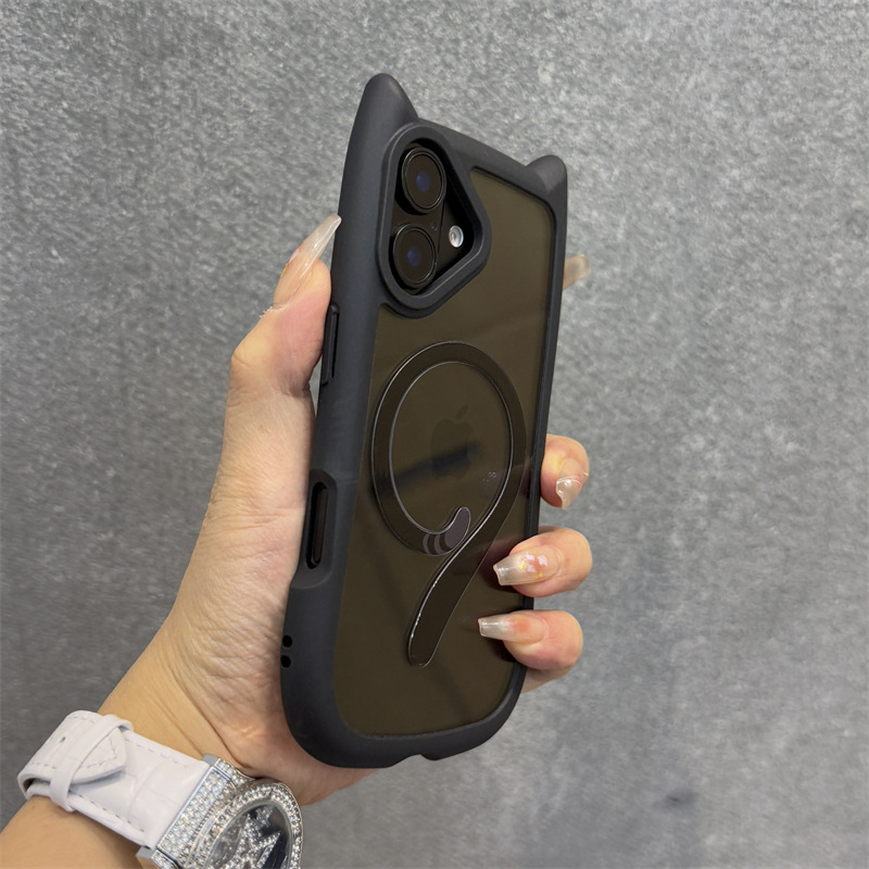 Sobib Apple 16 mobiiltelefoni ümbrisele, roosade kõrvadega, iPhone 16Promax, magnetilise kassisabaga, 15Pro, läbipaistev