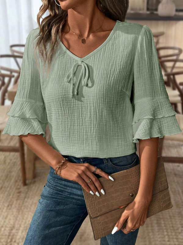 2025. aasta Amazoni piiriülene vabaaja suvine plisseeritud lahtise ülaosaga uus vabaaja naiste V-kaelusega poolvarrukatega paeltega T-särk