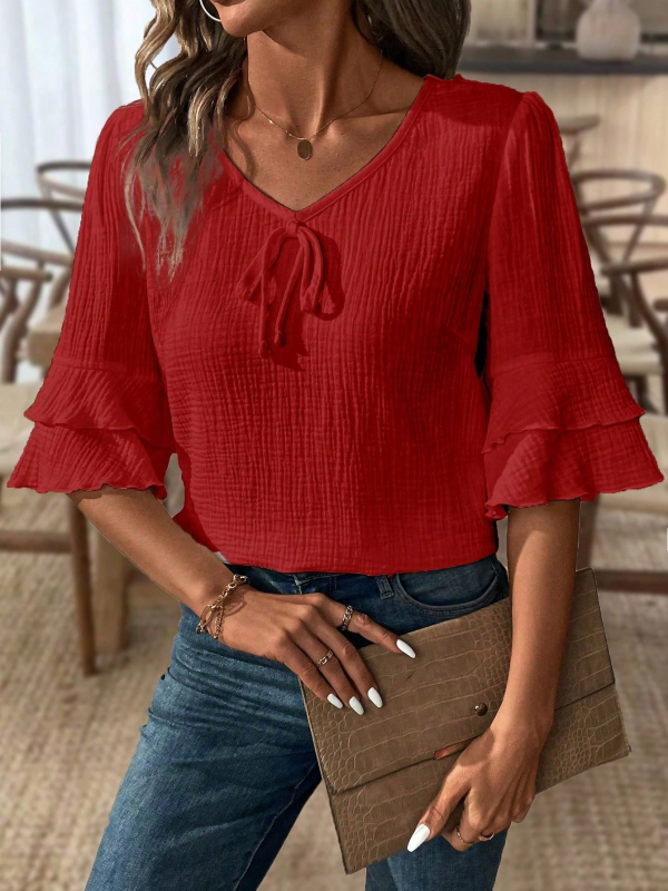 2025. aasta Amazoni piiriülene vabaaja suvine plisseeritud lahtise ülaosaga uus vabaaja naiste V-kaelusega poolvarrukatega paeltega T-särk