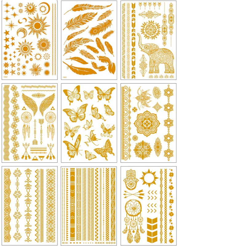 Uued ühekordsed pronksjad tätoveeringukleebised, mis sobivad veeülekande simulatsiooniks Euroopa ja Ameerika piiriülestele kuldse rannapeo kleebistele.